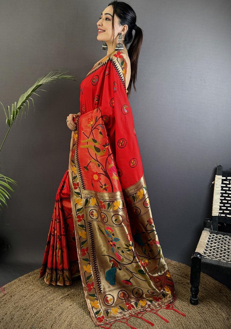 Red Meenakari Silk Saree Set - Indya