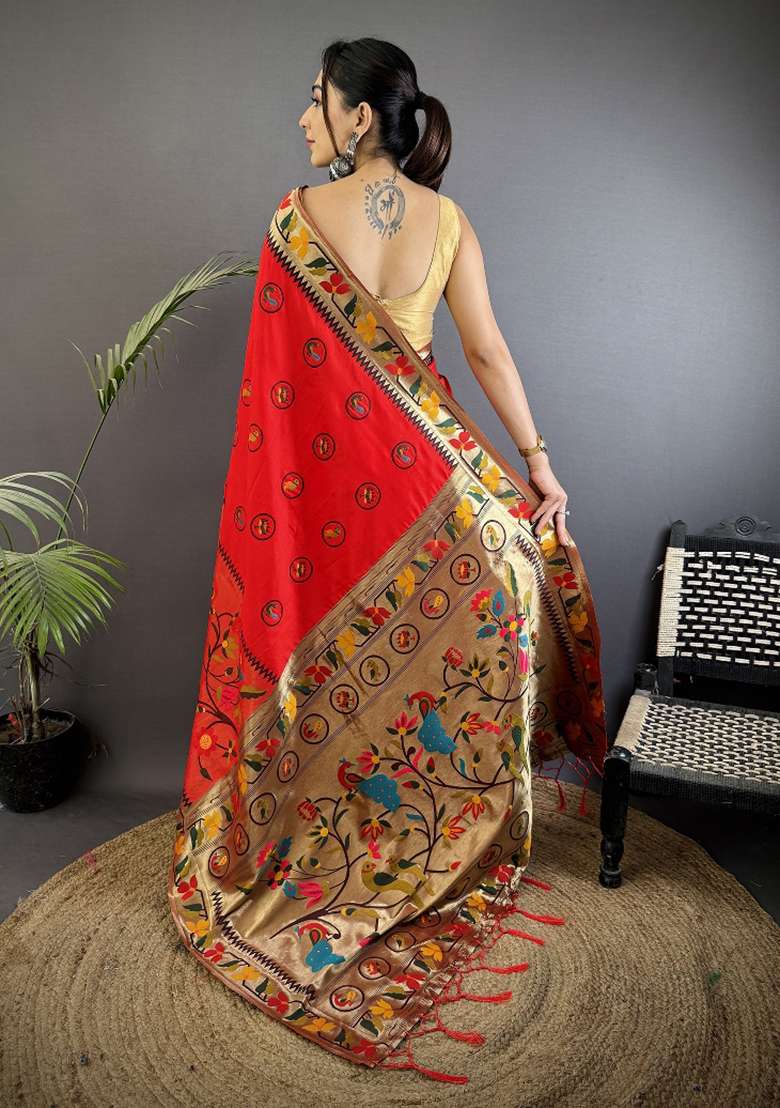 Red Meenakari Silk Blend Saree Set for Diwali | Wedding & Festive Wear - Indya