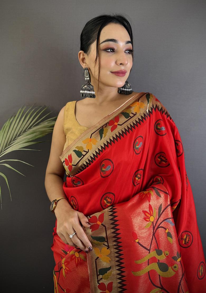 Red Meenakari Silk Saree Set - Indya