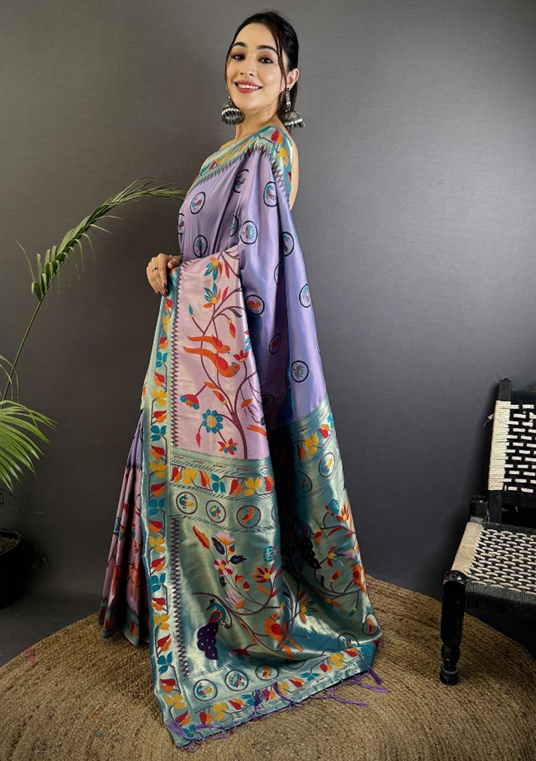 Lavender Meenakari Silk Saree Set - Indya