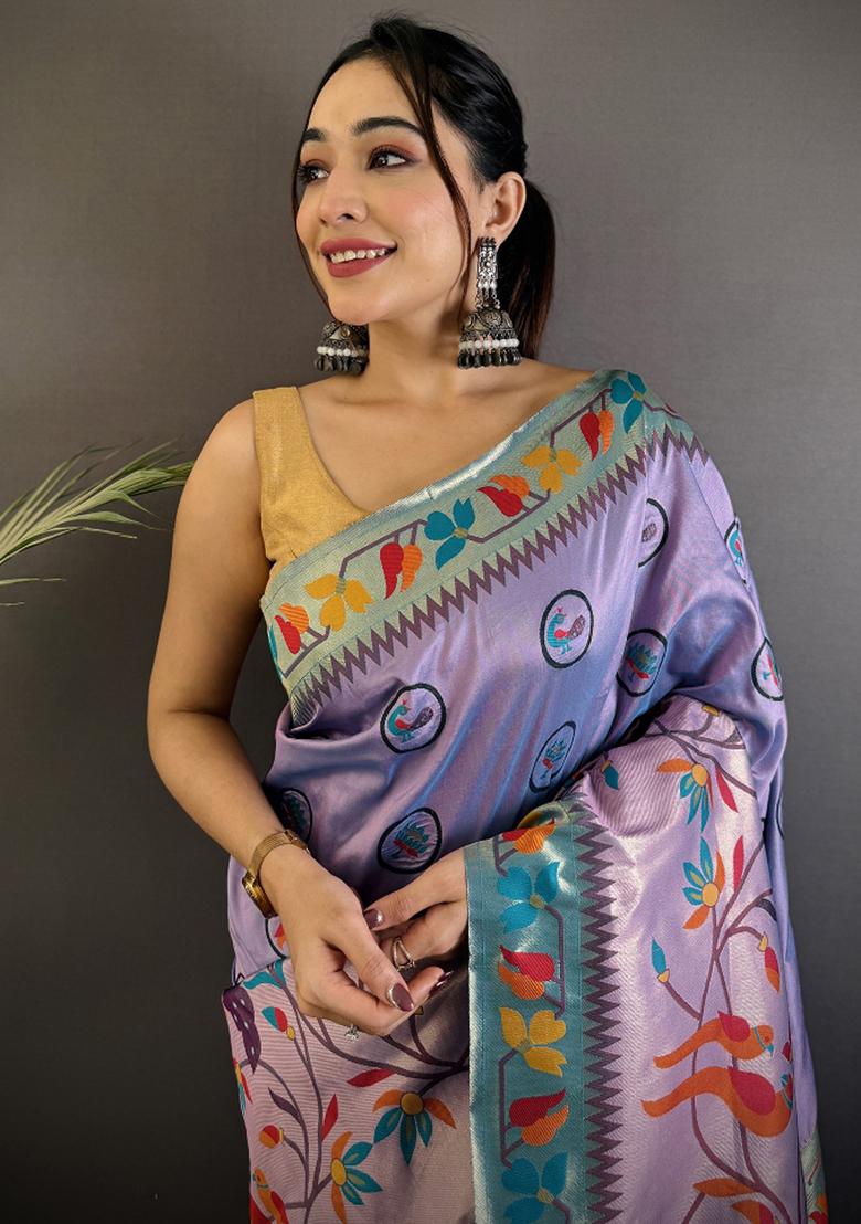 Lavender Meenakari Silk Saree Set - Indya