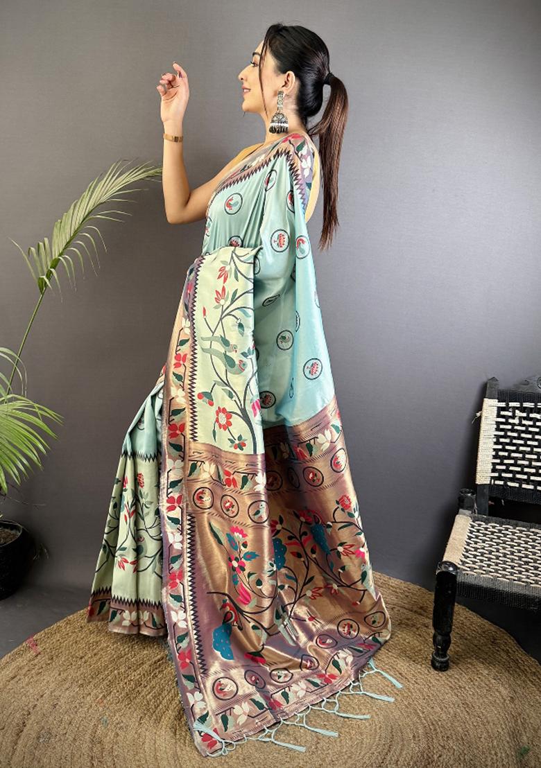 Turquoise Blue Meenakari Silk Saree Set - Indya