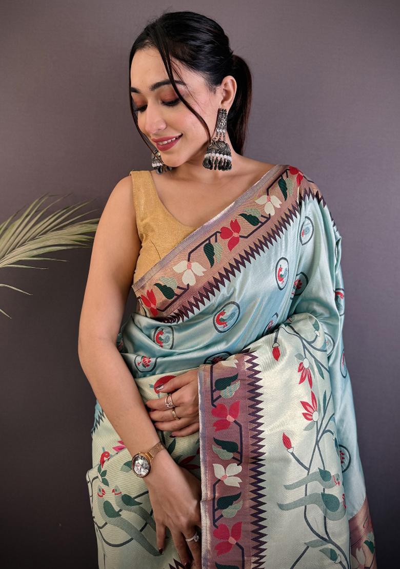 Turquoise Blue Meenakari Silk Saree Set - Indya