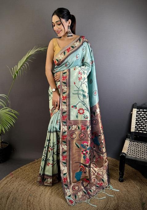 Turquoise Blue Meenakari Silk Saree Set