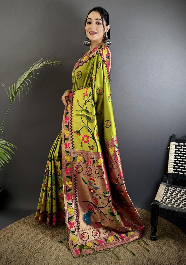 Light Green Meenakari Silk Saree Set - Indya