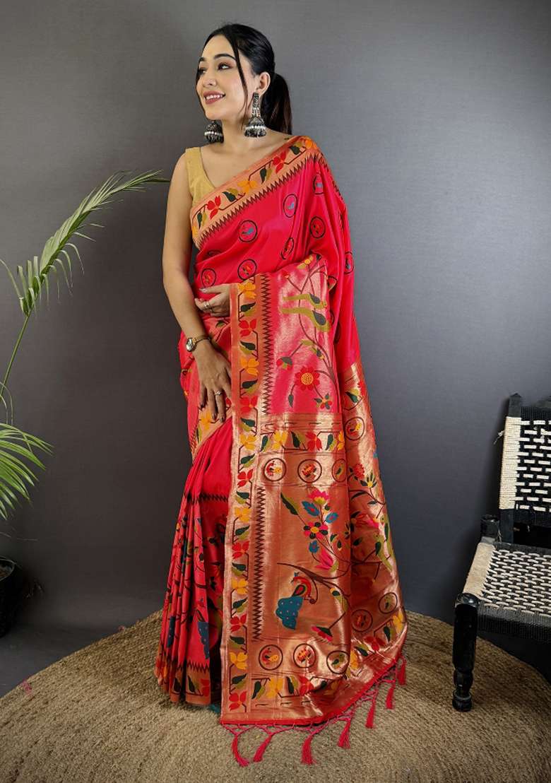 Red Meenakari Silk Blend Saree Set for Diwali | Wedding & Festive Wear - Indya