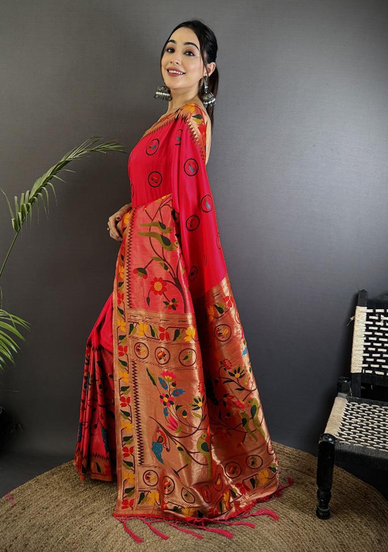 Red Meenakari Silk Saree Set - Indya