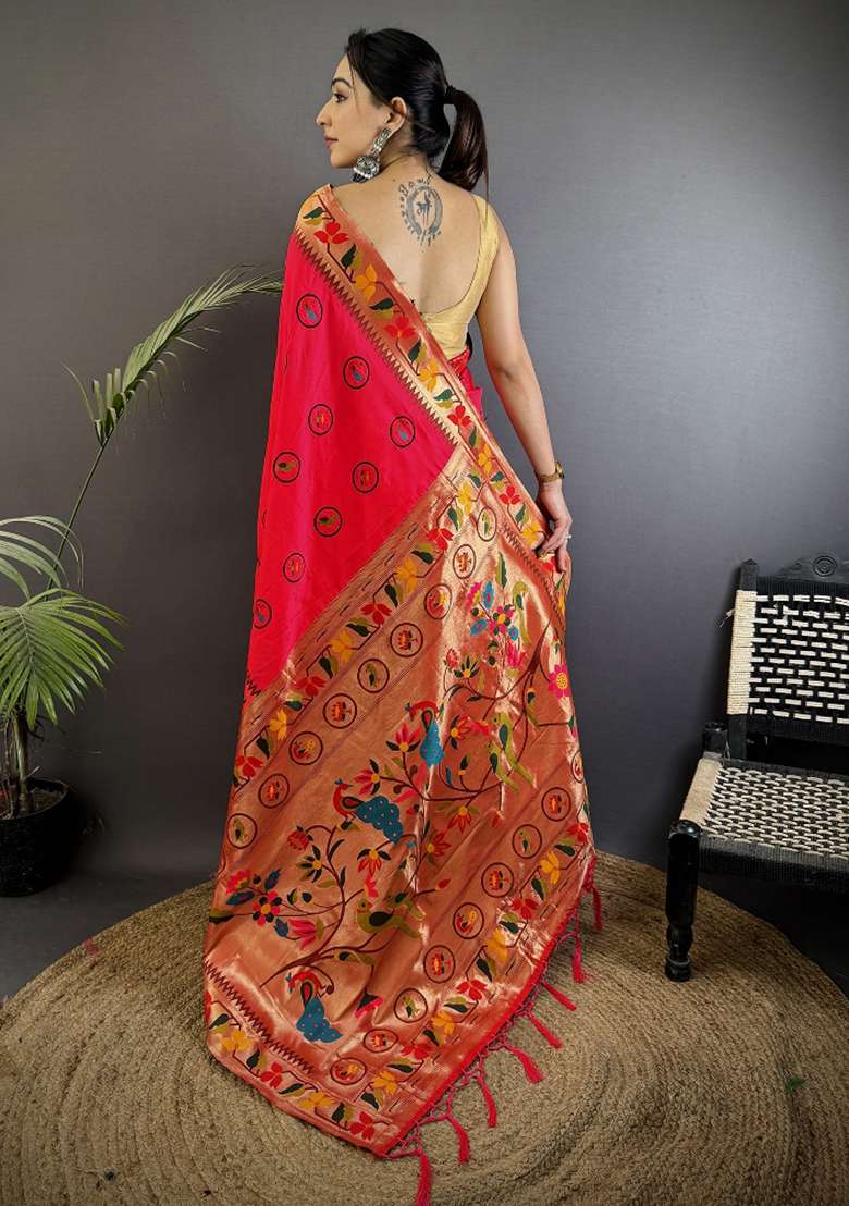 Red Meenakari Silk Blend Saree Set for Diwali | Wedding & Festive Wear - Indya