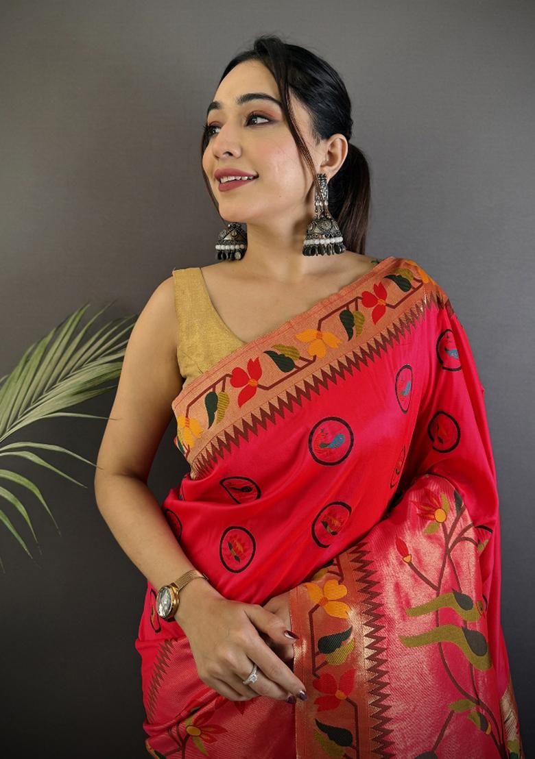 Red Meenakari Silk Saree Set - Indya