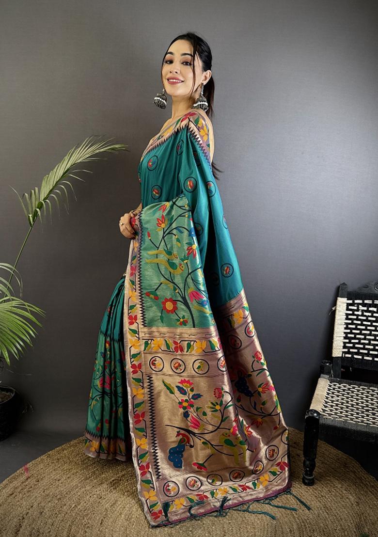 Cyan Blue Meenakari Silk Saree Set - Indya