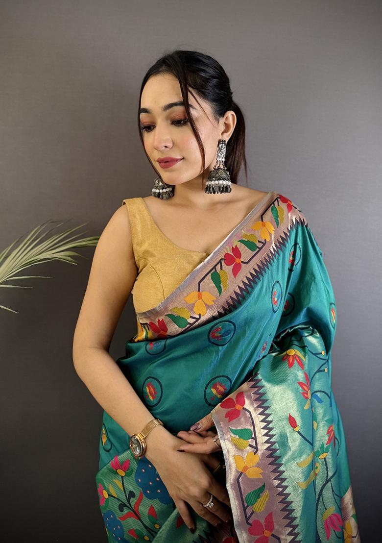 Cyan Blue Meenakari Silk Saree Set - Indya