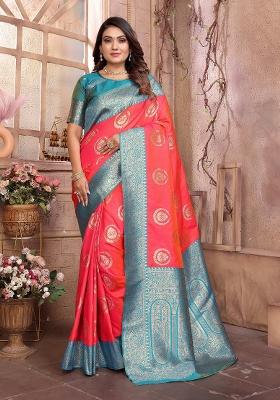 Pink Woven Silk Saree Set