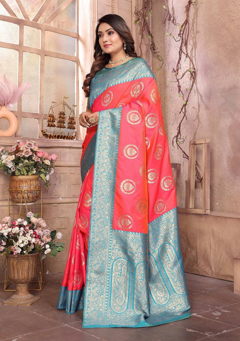 Pink Woven Silk Saree Set - Indya