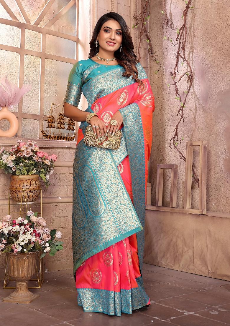 Pink Woven Silk Saree Set - Indya