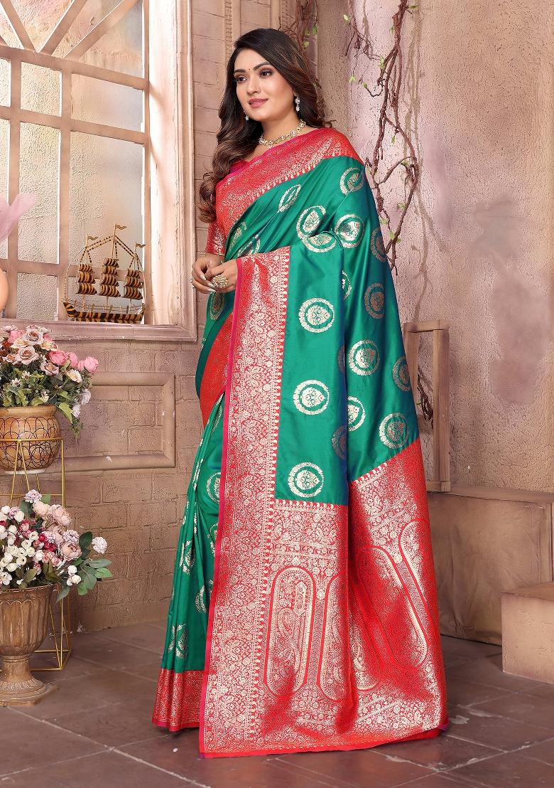 Green Woven Silk Saree Set - Indya