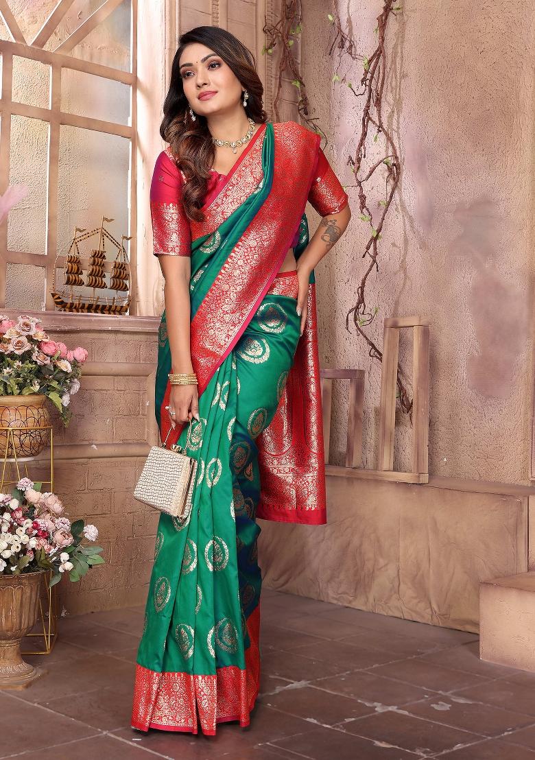 Green Woven Silk Saree Set - Indya