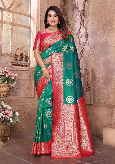 Green Woven Silk Saree Set