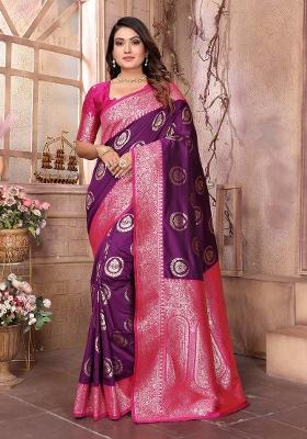 Purple Woven Silk Saree Set