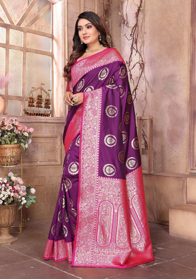 Purple Woven Silk Saree Set - Indya