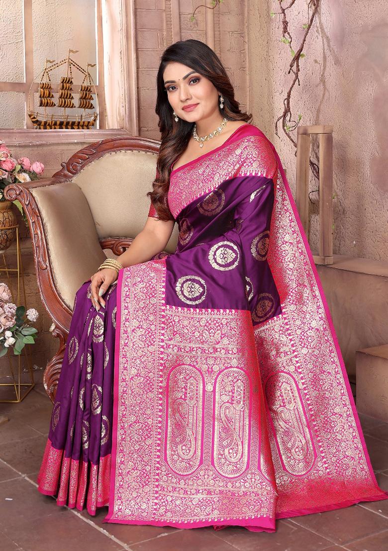 Purple Woven Silk Saree Set - Indya