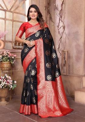 Black Woven Silk Saree Set