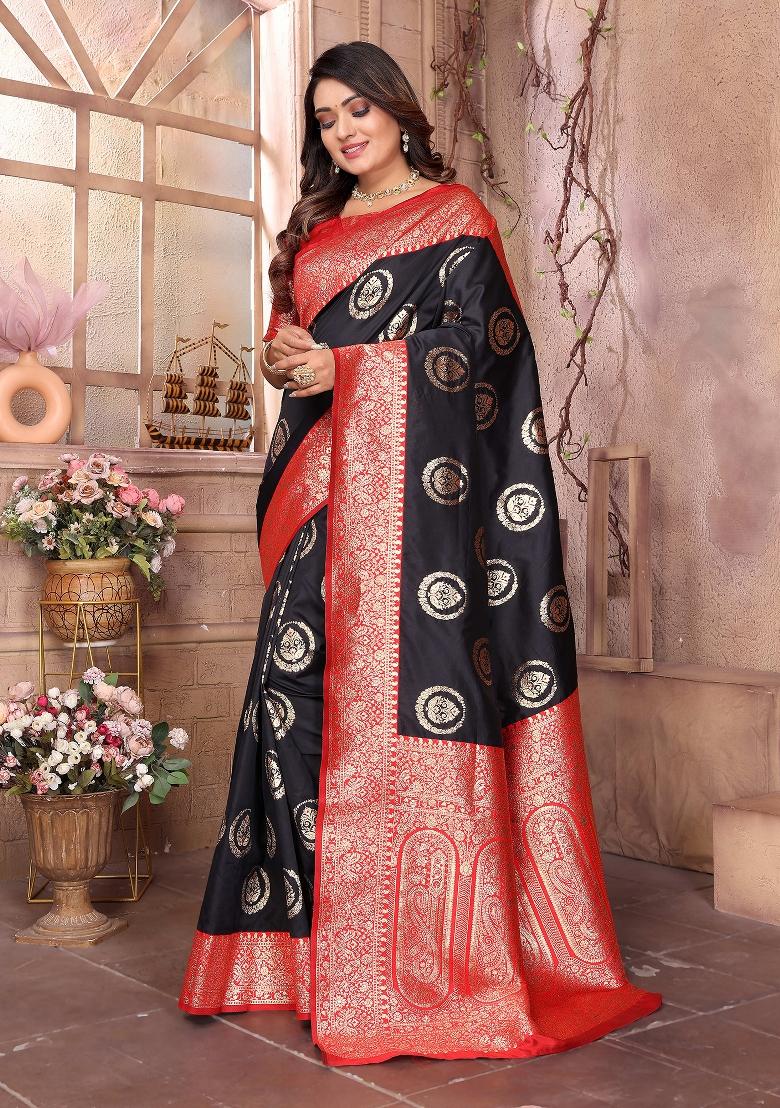 Black Woven Silk Saree Set - Indya