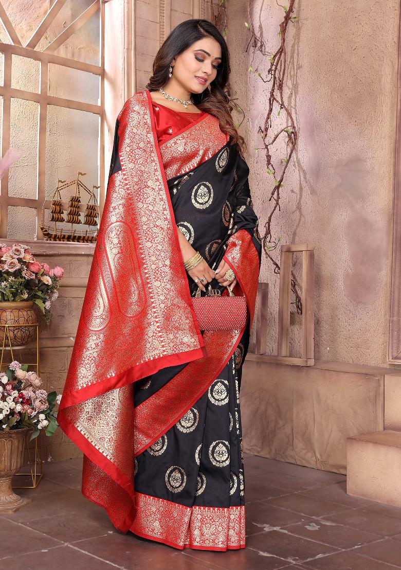 Black Woven Silk Saree Set - Indya
