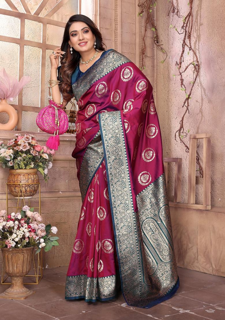 Magenta Woven Silk Saree Set - Indya