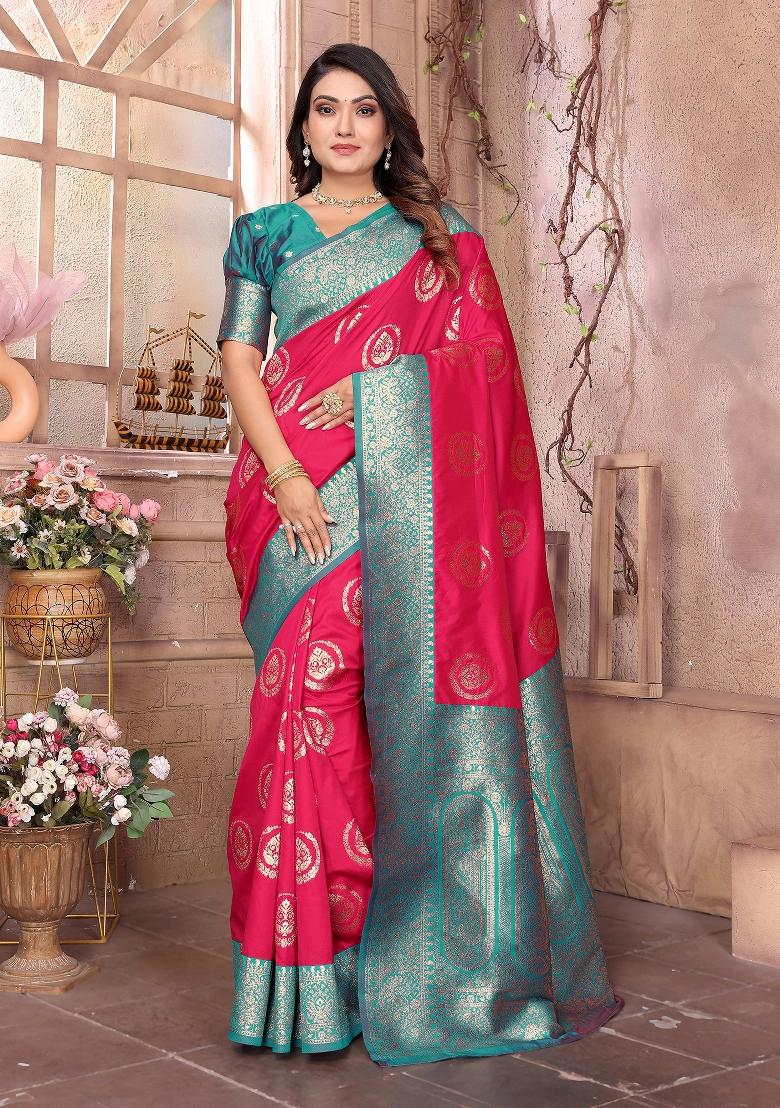 Hot Pink Woven Silk Saree Set - Indya