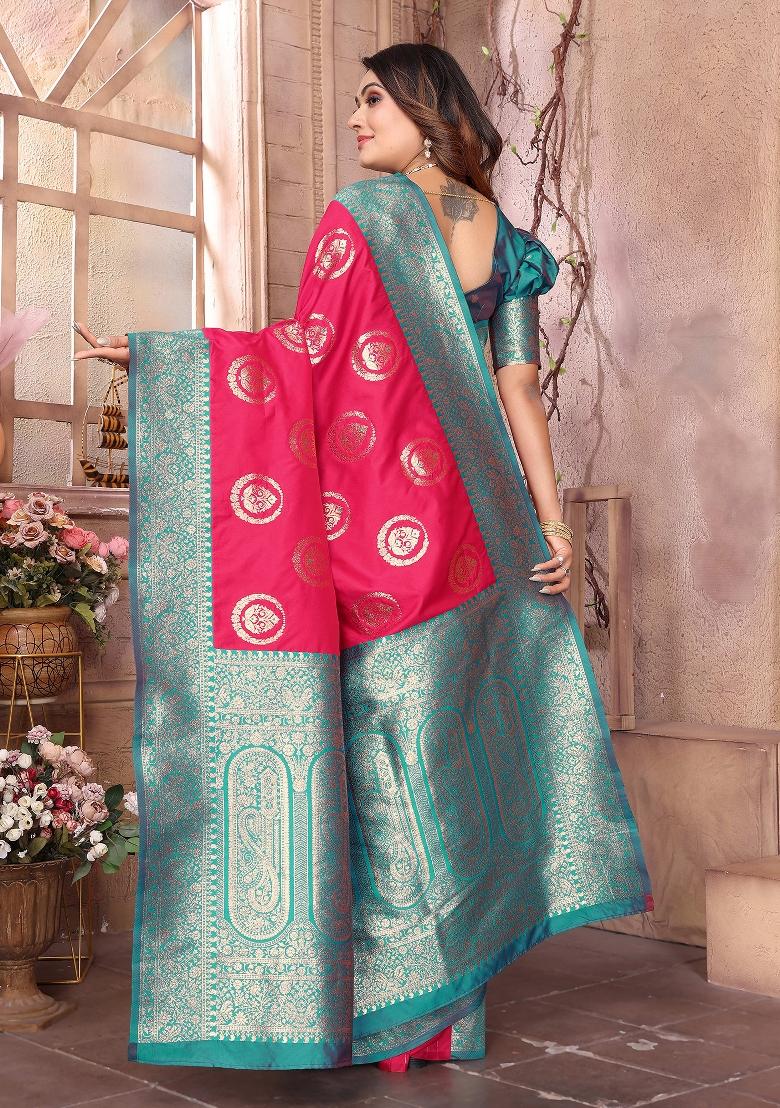 Hot Pink Woven Silk Saree Set - Indya