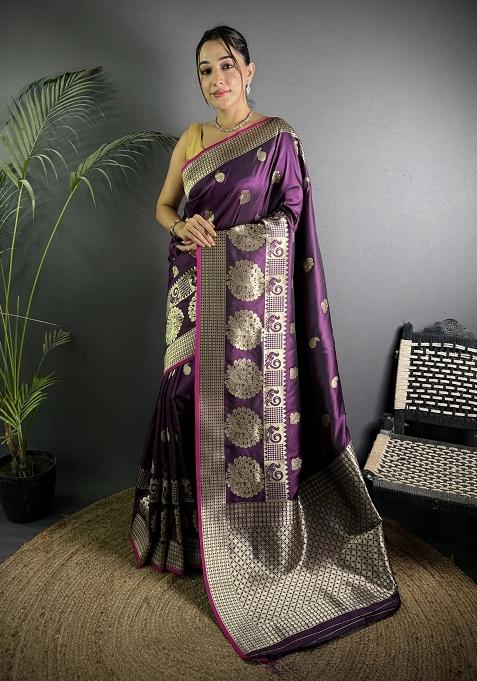 Wine Paisley Silk Saree Set