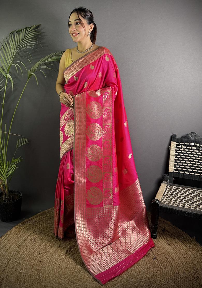 Hot Pink Paisley Silk Saree Set - Indya