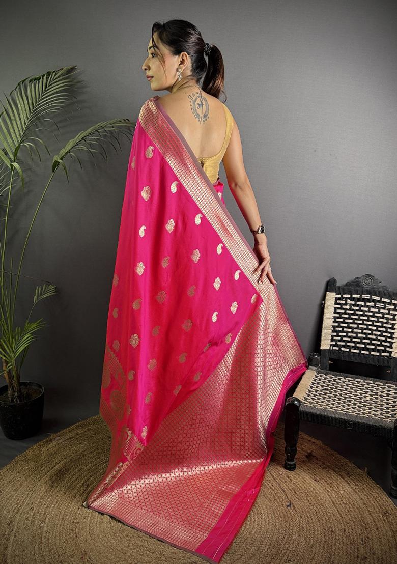 Hot Pink Paisley Silk Saree Set - Indya