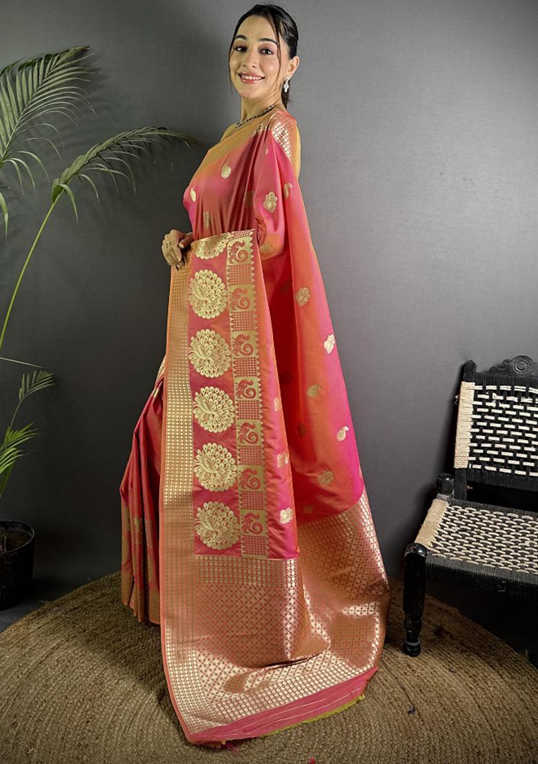Light Pink Paisley Silk Saree Set - Indya