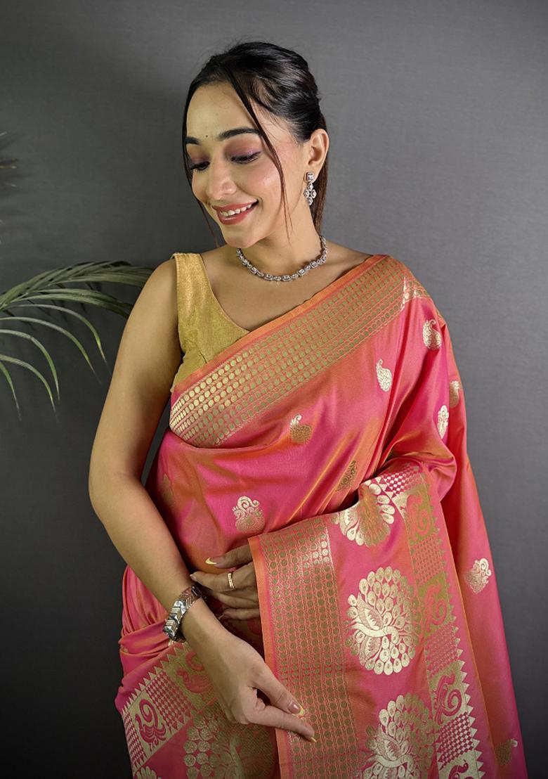 Light Pink Paisley Silk Saree Set - Indya