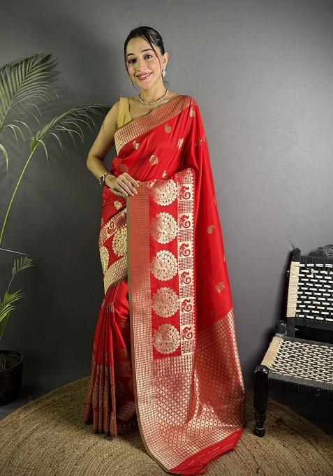 Red Paisley Silk Saree Set