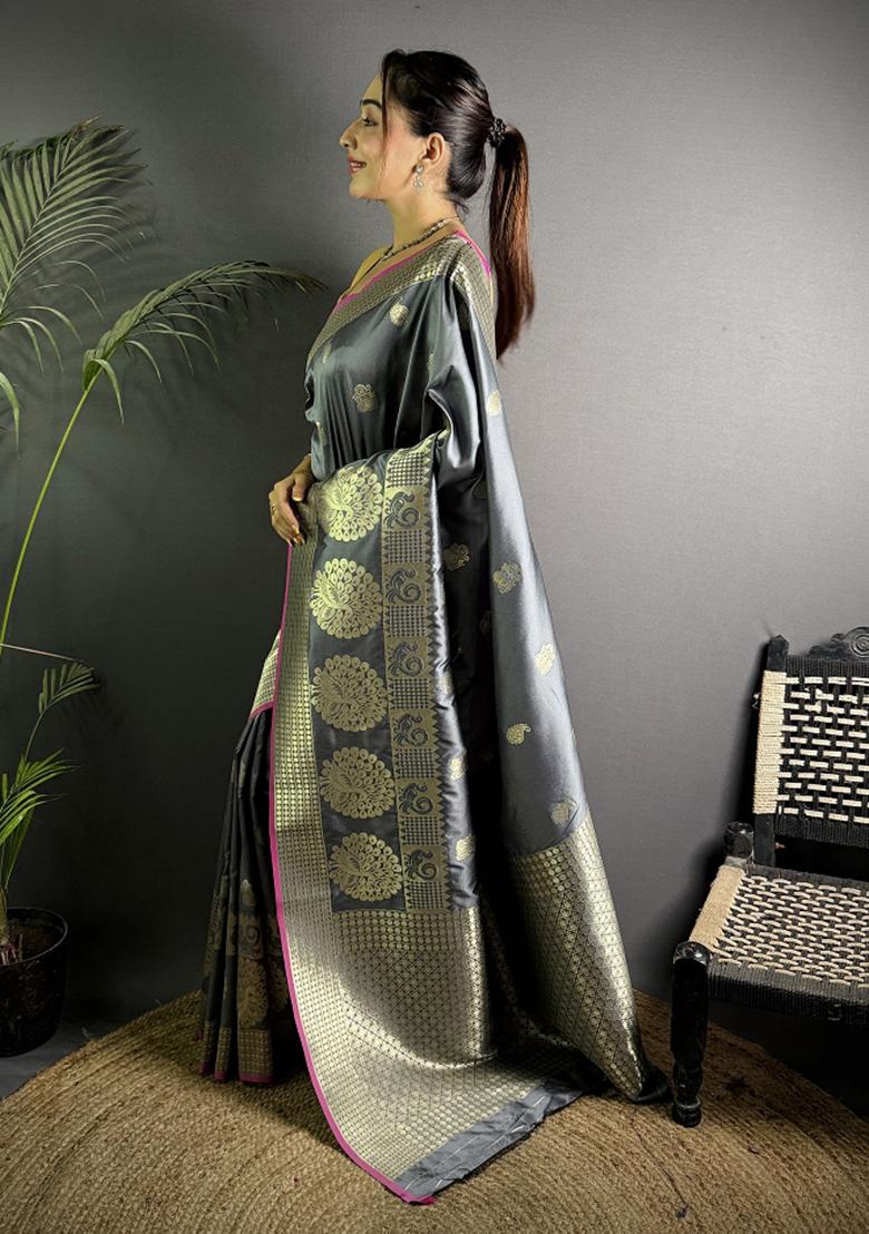 Dark Grey Paisley Silk Saree Set - Indya