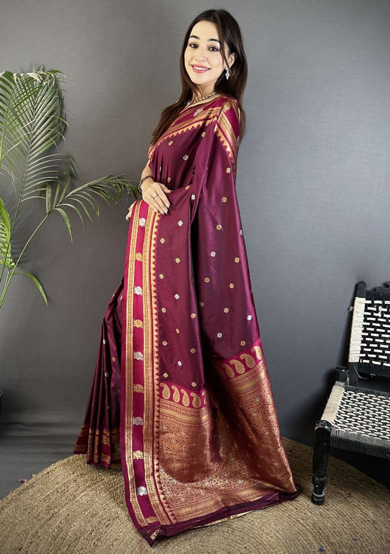 Maroon Woven Silk Blend Saree Set for Diwali | Wedding & Festive Wear - Indya
