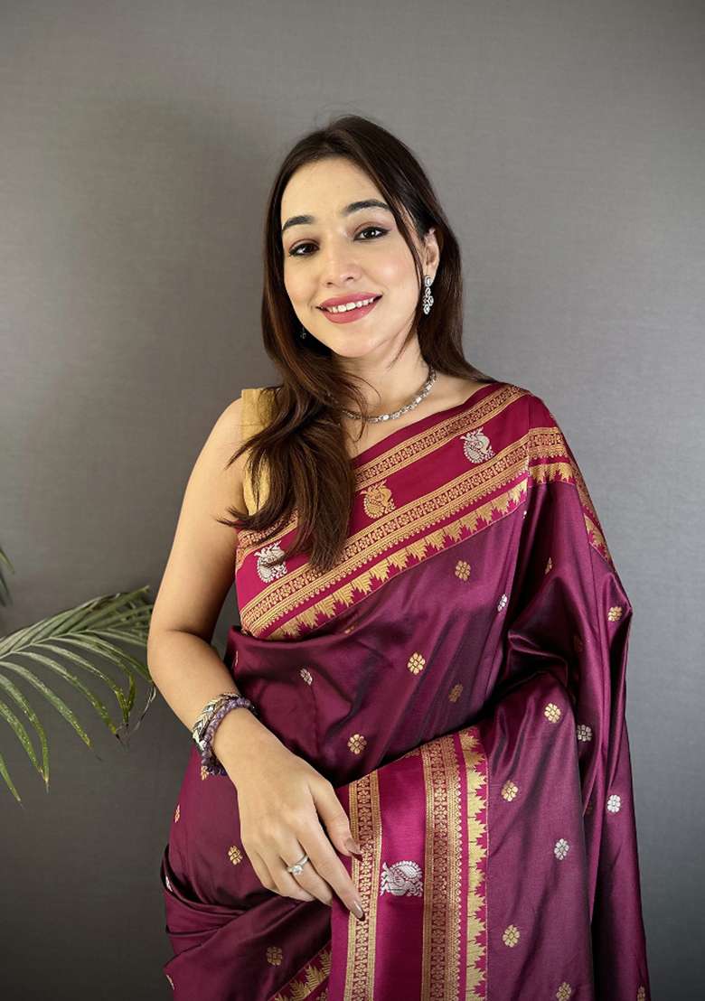 Maroon Woven Silk Blend Saree Set for Diwali | Wedding & Festive Wear - Indya