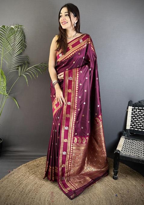 Maroon Woven Silk Saree Set