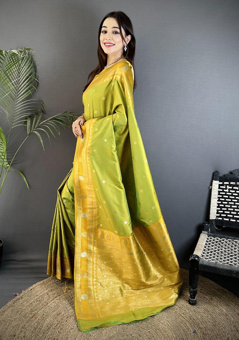 Light Green Woven Silk Saree Set - Indya