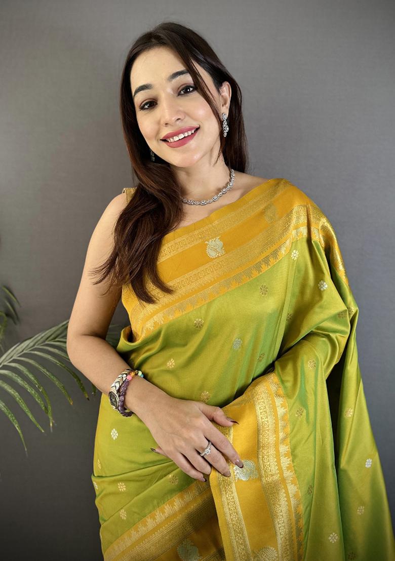 Light Green Woven Silk Saree Set - Indya