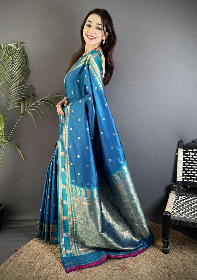 Sky Blue Woven Silk Saree Set - Indya