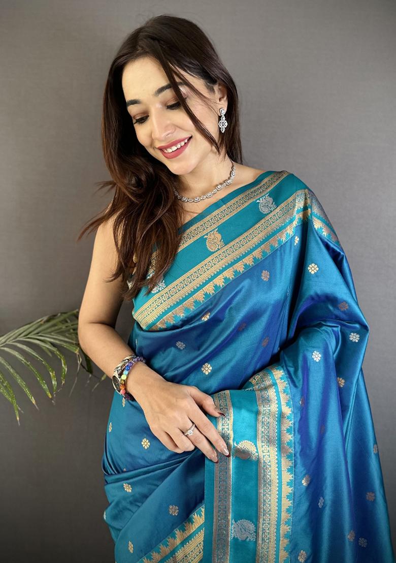 Sky Blue Woven Silk Saree Set - Indya