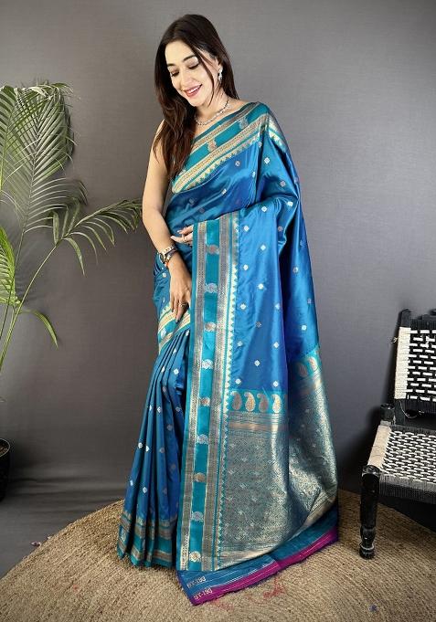 Sky Blue Woven Silk Saree Set