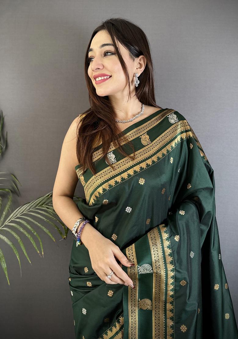 Dark Green Woven Silk Saree Set - Indya