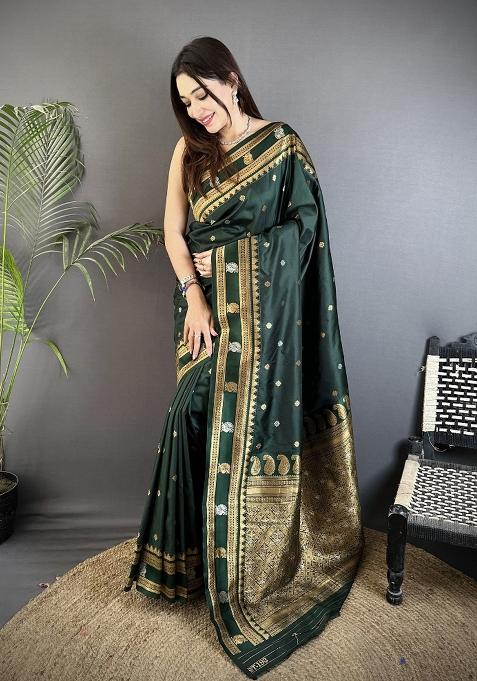 Dark Green Woven Silk Saree Set