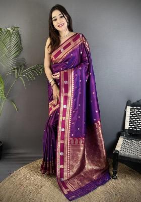 Purple Woven Silk Saree Set