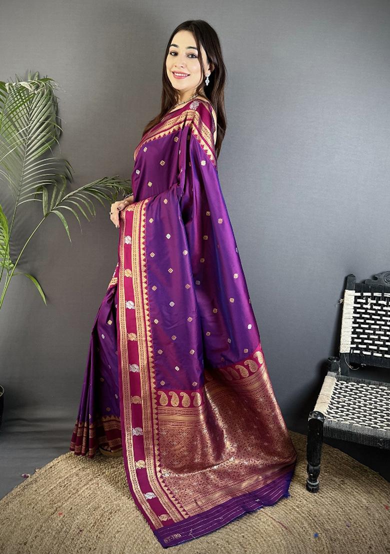 Purple Woven Silk Saree Set - Indya