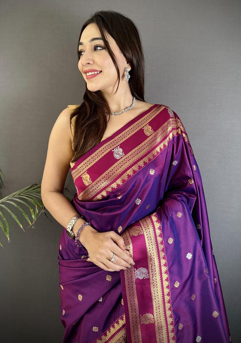 Purple Woven Silk Saree Set - Indya